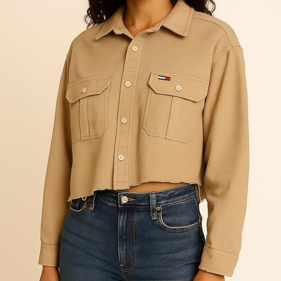 Tommy Hilfiger Jeans Beige Cropped Utility Shirt Jacket Waffle Cotton Retro Fit - Picture 1 of 4